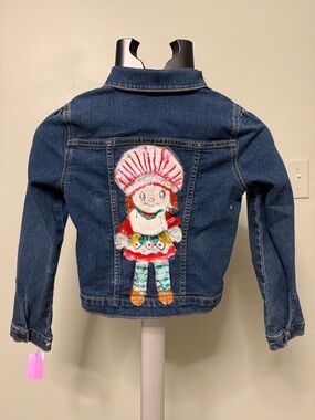 Girls' Denim Jacket with Hand painted Colorful Doll  - Blue